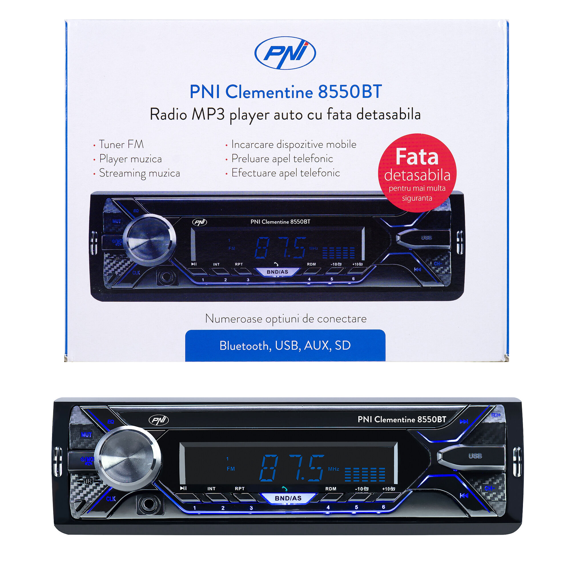 Auto MP3-Player PNI Clementine 8550BT, Front abnehmbar
