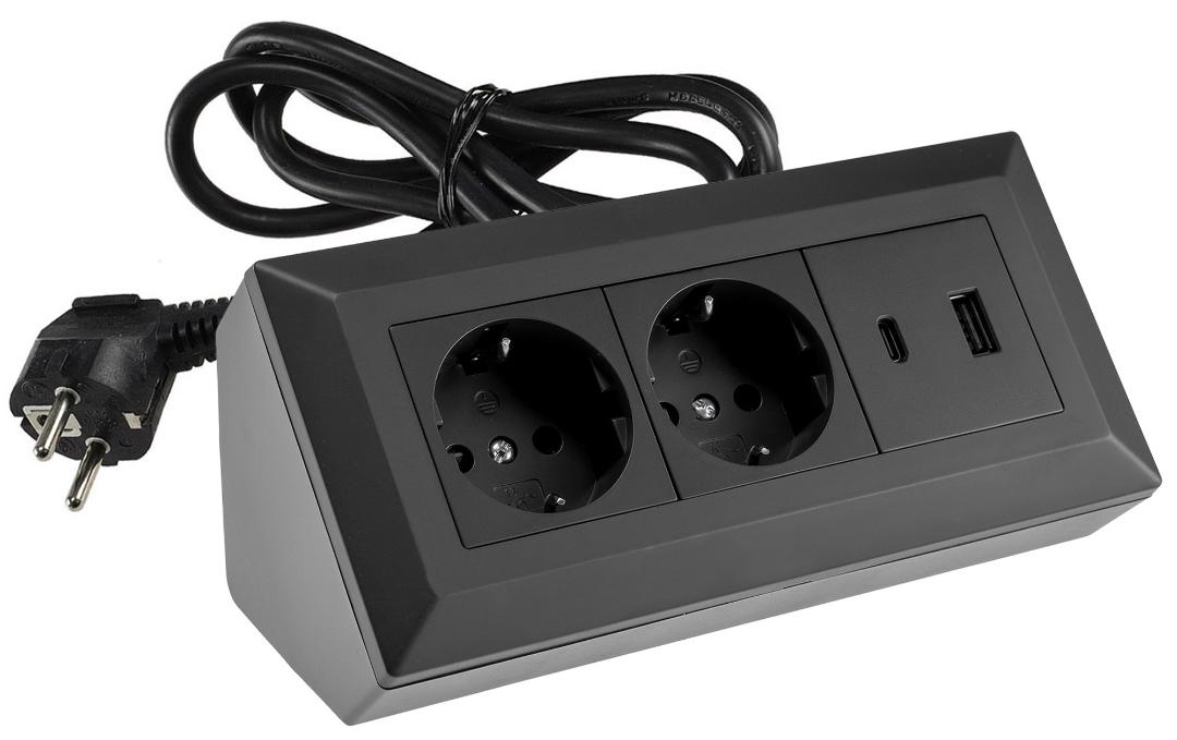 2-fach Steckdosenblock, USB-A+C, schwarz mit 1,5m Kabel